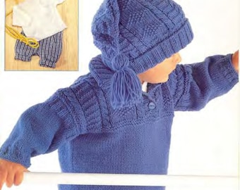 Child's Easy Cable Button top Tunic & Hat- Crew neck or with collar Knitting Pattern -(DK 8 Ply Light worsted) Instant Download-16-28" chest