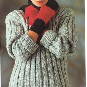 Woman&#39;s Chunky-Bulky Easy Knit Long sleeved Ribbed Jumper Sweater in Chunky Bulky Yarn- fits up to 107cm chest Knitting pattern Download PDF