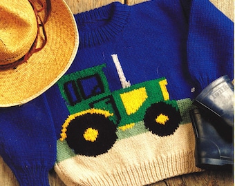 Tractor Farm Round Neck Sweater Baby Childrens Boy Girl Knitting Pattern 22" -28" Aran Wool 10 Ply Knitting Pattern PDF Instant download