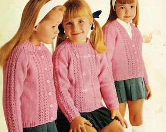 Girls Cardigan & Sweater Jumper Round or V Neck, Raglan Sleeve, Childs 22 - 32 inch Chest ~DK 8Ply Knitting Pattern PDF Instant download