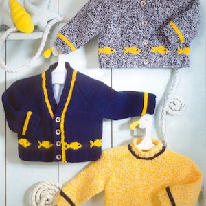 Baby Fish Motif Sweater & Children's Cardigans  Round V Neck 16-26"  NO Charts DK 8ply Light worsted yarn, knitting pattern Download PDF