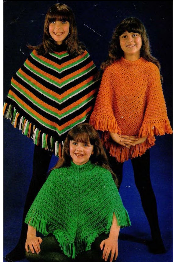 Girl's Poncho's Stripe or Plain Eyelet Vintage Pattern DK 8ply