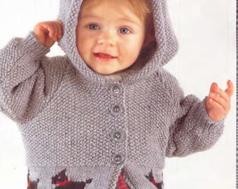 Boy or Girl's  Scottie Dog Hooded jacket~Cardigan & Jumper- Easy chart- DK (8Ply) chest 16 - 26" Knitting pattern, download PDF