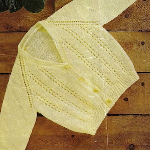 Baby Raglan sleeved Cardigan V Neck Lacy Eyelet Panels  19&quot;- 21&quot; 4 Ply Fingering or 3 ply or BQK  wool Knitting Pattern PDF Instant download