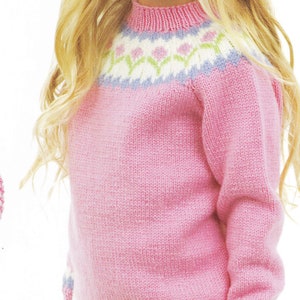 Girl's Fair Isle  Yoked Sweater Jumper flowers in  DK 8Ply Light worsted wool size 4 - 10 years Knitting Pattern Download PDF