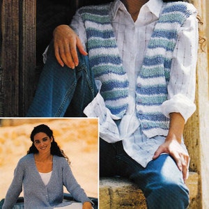 May include: Two women wearing blue and white striped knit vests. One vest is sleeveless and the other is a cardigan. Both women are wearing blue jeans.