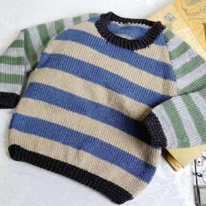 Easy Beginners round neck Stripe Sweater - Fits 55cm -75 cm chest DK 8 Ply Light Worsted -  Knitting Pattern pdf Digital Download Boys-Girls