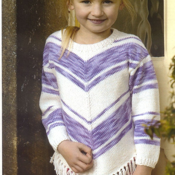 Girls Adult  Chevron Sweater with fringes - Round neck drop sleeves Knitting Pattern  DK 8Ply Light Worsted Instant Download-22-44" chest