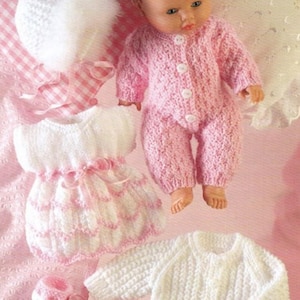 Baby Dolls Dress Bootees All in One Jacket Bonnet Dolls Clothes Outfit 14 inch Doll ~DK 8 Ply Light Worsted Knitting Pattern PDF download