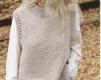 Easy Beginner Womens Round Neck Top Sleeveless Sweater Jumper Vest Slipover 36&quot;-60&quot; Super Chunky 14 Ply Wool Knitting Pattern PDF download