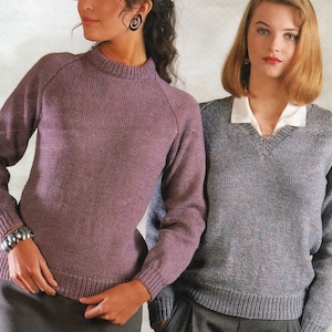 Ladies Easy Knit Classic Raglan Crew & V-neck Raglan Sweaters  Knitting Pattern DK 32-42" chest Download PDF