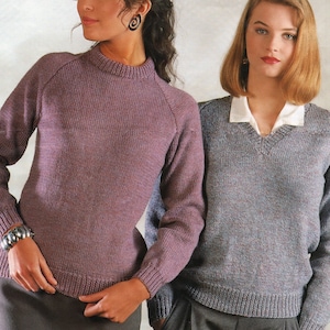 Ladies Easy Knit Classic Raglan Crew & V-neck Raglan Sweaters  Knitting Pattern DK 32-42&quot; chest Download PDF