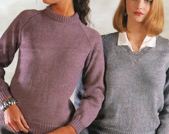 Ladies Easy Knit Classic Raglan Crew & V-neck Raglan Sweaters  Knitting Pattern DK 32-42" chest Download PDF