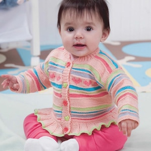 Baby Stripes and Hearts Cardigan with frilled border- 4 Ply Fingering wool Birth- 18 Months (41cm -56cm) Knitting pattern download pdf
