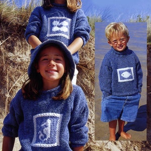 Child&#39;s  High Neck Sweaters fish-seahorse-flower motif design Aran 10 Ply worsted wool-1-12 yrs (22-32&quot;) knitting pattern download PDF