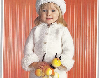 Girls Garter Stitch easy Coat & Hat, loopy Collar Cuffs and hat- DK 8Ply Light worsted wool- 20" - 24" Knitting Pattern download Pdf