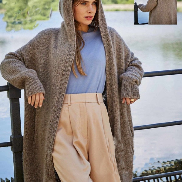 Womens Easy Long Knitted Coat Hooded Hood Stocking Stitch Inset Pockets - 36 - 46" ~ PDF download Aran Worsted 10 ply Knitting Pattern