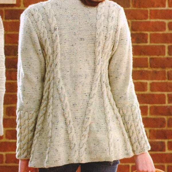 Womans Ladies Aran A Line Cable Swing Jacket 34" 56" ~ Aran 10 Ply Worsted Knitting Pattern PDF Instant download