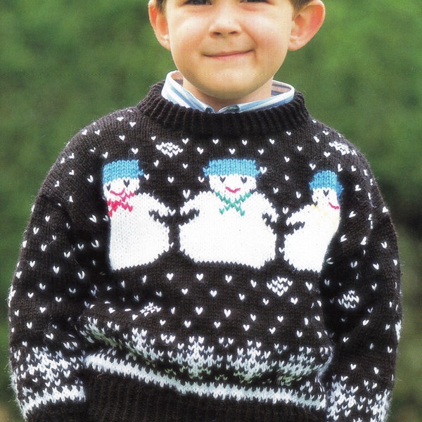Christmas Snowman Children's Jumper round neck drop sleeves Has chart DK 8 PLY Light worsted knitting pattern download 24" - 30" chest