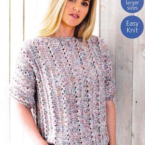 May include: A multi-colored knit sweater with a cable knit pattern. The sweater has a round neckline and short sleeves. The text "Easy Knit" and "Includes larger sizes" is visible in the image.