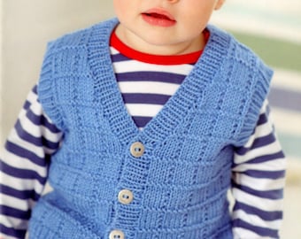 Boy's Knitted Textured V neck Cardigan & Waistcoat- Gilet - Fits from Birth up to 7 years- DK 8 ply  wool-Knitting Pattern Download PDF
