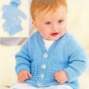 May include: A light blue knitted cardigan with a V-neck and button fastening. The cardigan has a ribbed texture and is being worn by a baby.