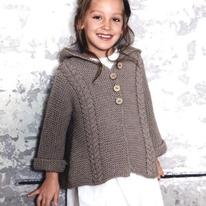 Girl's Garter stitch & Cable hooded Coat with tassle- Jacket 104/110- 128/134 cm Download PDF Knitting Pattern- Aran 0 Ply Worsted wool