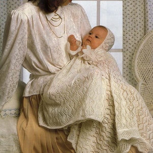Baby Vintage  Christening Dress- Robe- Bonnet- Shawl - 2ply- Download  Knitting Pattern Download PDF 16&quot; - 18&quot; chest