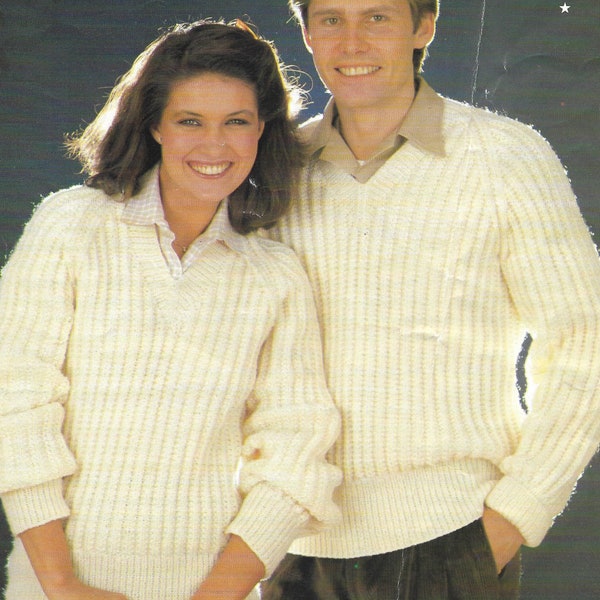 Easy Beginers Ladies /Woman's Mans Ribbed V Necked Jumper- Sweater  Aran Knitting Wool/10 Ply-Download PDF KNITTING Pattern