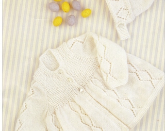 Baby Ribbed Yoke Matinee Cardigan & bonnet  Diamond pattern 16" - 19" 4 Ply Fingering Knitting pattern  pdf instant download