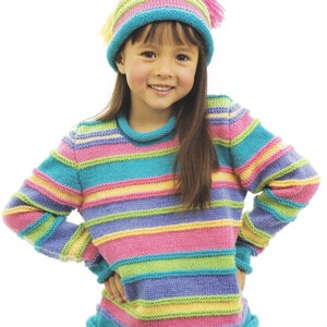 Girl&#39;s Bright easy Knit  Roll Neck Stripe sweater & Beanie Hat- DK 8Ply Light worsted wool size 4 - 10 years Knitting Pattern Download PDF