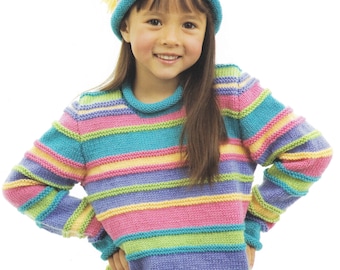 Girl's Bright easy Knit  Roll Neck Stripe sweater & Beanie Hat- DK 8Ply Light worsted wool size 4 - 10 years Knitting Pattern Download PDF