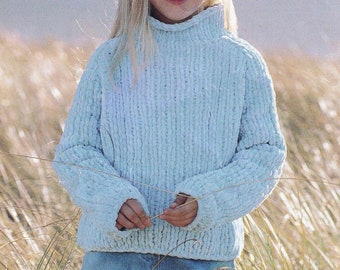 Easy Quick High Neck Sweater 22"- 32" 1- 12 yrs Boy Girl - Super Bulky / Super Chunky Chenille Wool Knitting Pattern PDF Instant download