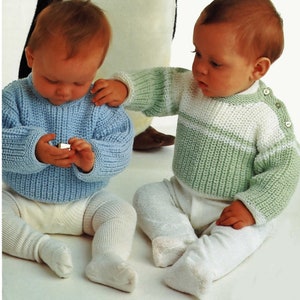 Easy Knit Babies & Toddlers Plain - Striped Fisherman&#39;s Rib Jumpers -Knitting Pattern- PDF- Digital Download