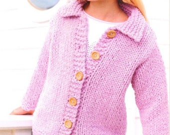 Easy Quick Girls Plain Collar Jacket Cardigan 22" - 32" (1- 12 yrs) - Super Bulky / Super Chunky Wool 14 Ply Knitting Pattern PDF download