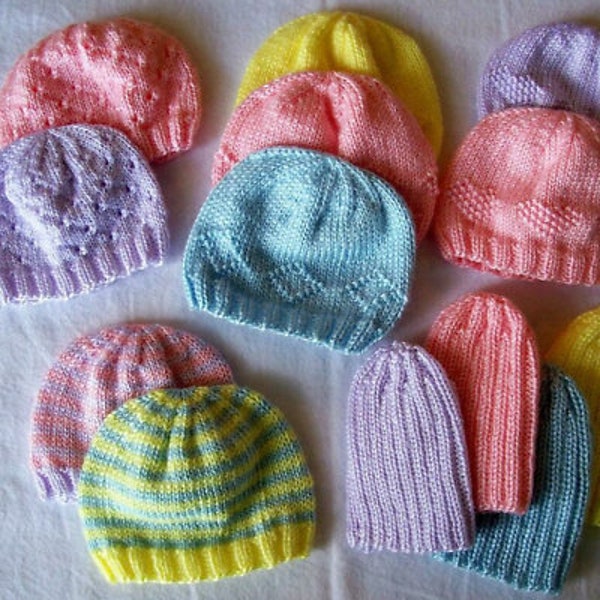 Newborn Baby Hats 5 Designs ~ 11-12" circumference DK- 8ply Light worsted wool- Knitting Pattern PDF Instant download