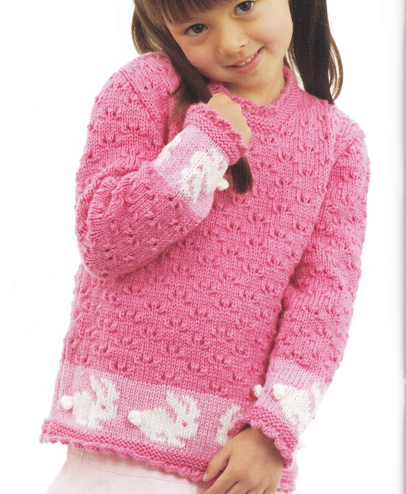 Girl' Textured Rabbit Trim Sweater Jumper in DK 8ply Light Worsted