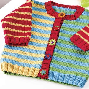 Child's Easy Knit Round Neck stripe Cardigan in Aran 10 ply worsted Yarn- 24 - 30 (2-8)  Download PDF Knitting Pattern-