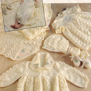 Baby Layette- Dress- Jacket- Bonnet- Shawl - Bootees- Christening set in Fingering- 4 ply- Download Knitting  Pattern-Birth- 12 Months PDF