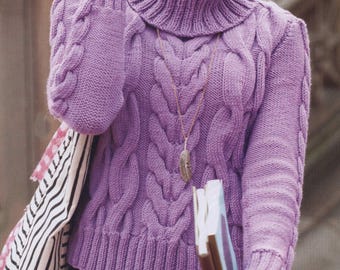 Womans Cable Turtle Neck Sweater-Polo Neck  Knitting Pattern In Chunky - Bulky - 12 Ply wool Knitting Pattern download  PDF chest 37" - 53"