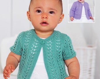 Baby Girl's Eyelet lacy  garter stitch edge cardigans Long short sleeves- fits 16 - 26" chest (0-7 years) Download PDF 4ply Fingering wool
