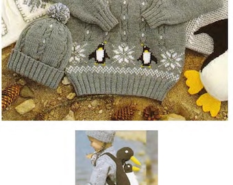 Penguin Baby Childrens Sweater & Hat with Backpack- Toy 20" ~ 30" -1/11 yrs DK 8 Ply Light Worsted Knitting Pattern PDF Instant download