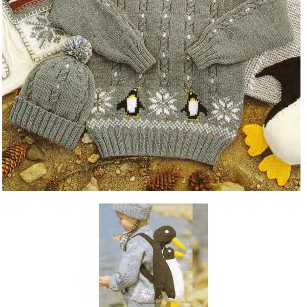 Penguin Baby Childrens Sweater & Hat with Backpack- Toy 20" ~ 30" -1/11 yrs DK 8 Ply Light Worsted Knitting Pattern PDF Instant download