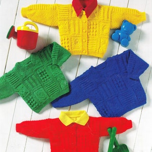 May include: Four knitted cardigans in different colors: yellow, green, blue, and red. Each cardigan has a unique pattern and a button closure. The cardigans are laid out on a white wooden surface.