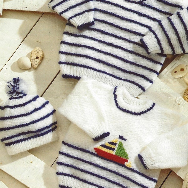 Easy Knit Baby Stripe Jumpers & pom pom Hat- embroidered motif -fits Premature 12"  up to  -24" ~  Knitting pattern pdf instant download