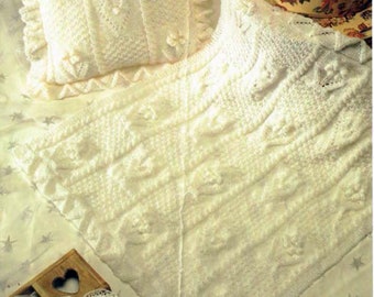Baby Flower Pram Cover Cot/Crib Blanket & Pillow cover in DK- 8Ply -Light worsted wool   PDF Knitting Pattern Instant Download