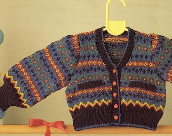 Child's Fair Isle Cardigan 8 Waistcoat- sleeveless ~medium weight cotton yarn  needed- fits 53 cm - 68 cm Knitting pattern -Download PDF