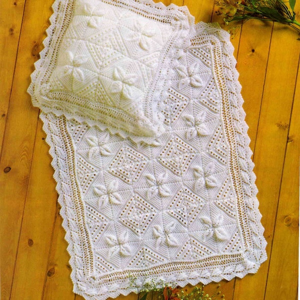 Baby Flower Diamond Pram Blanket-Afghan  & Pillow in DK- 8Ply -Light worsted wool 24x 30" PDF Knitting Pattern Instant Download