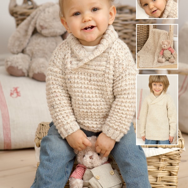 Child's Easy Knit Long or short shawl collared Jumper and Hat, with Blanket Knitting pattern- DK (8ply) 16-26" (0-7 years)Download PDF