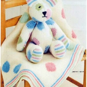 Spotty the Bear Teddy Toy & Blanket to Knit in DK 8 Ply Light worsted wool Bear 13" blanket 20 x 26" Knitting Pattern Download PDF Has Chart